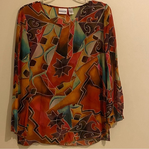 Chico’s Women’s 100% Silk Long Sleeve Sheer Blouse Artsy Size 0-XS Pullover Top - Picture 1 of 9